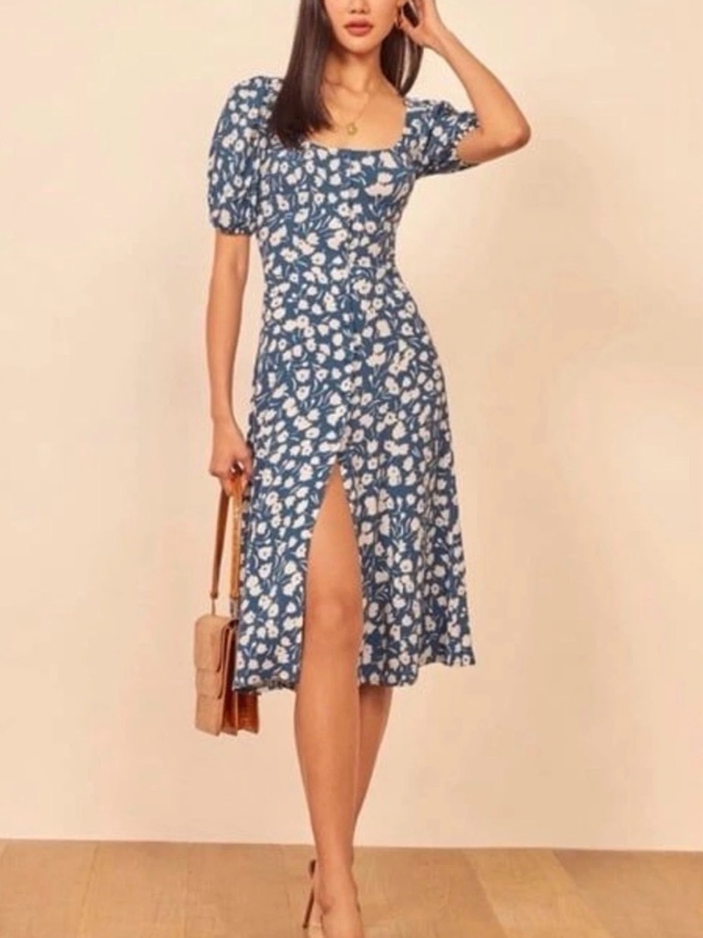 Reformation Beechwood Floral Short Sleeve Midi Dress in Tuli Blue Size 4